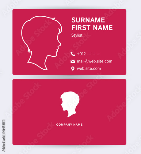 Red business card design with feminine profile silhouette for stylist or beauty professional.