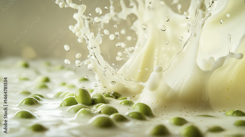 Fototapeta premium A splash of milk with green peas floating in it.