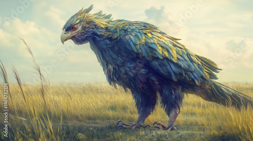 A large, fantastical bird with blue and yellow feathers, sharp beak, and red eyes, standing in a grassy field under a cloudy sky.