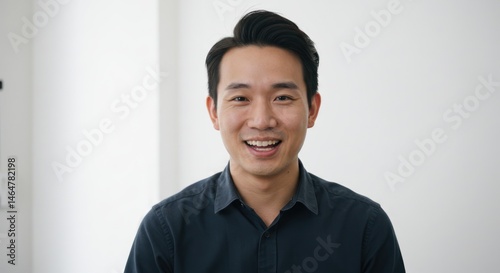 Smiling asian man in dark shirt against a plain white background.