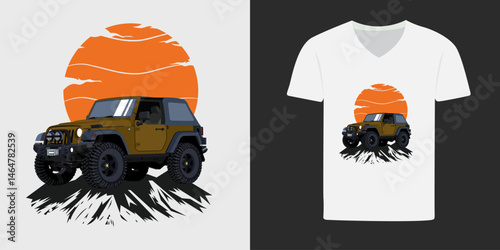 A rugged off-road jeep with a sunset backdrop, perfect for adventure lovers. This design is ideal for t-shirts, capturing the spirit of exploration and outdoor adventure in a stylish and bold graphic