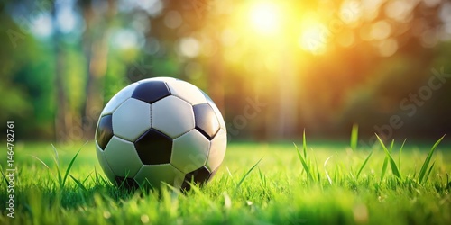 Soccer ball on the grass with a blurred background, sports equipment, green grass,  sports equipment, green grass