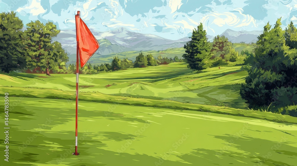 Obraz premium Vibrant Golf Course Featuring a Red Flag in the Hole Amidst Lush Green Grass