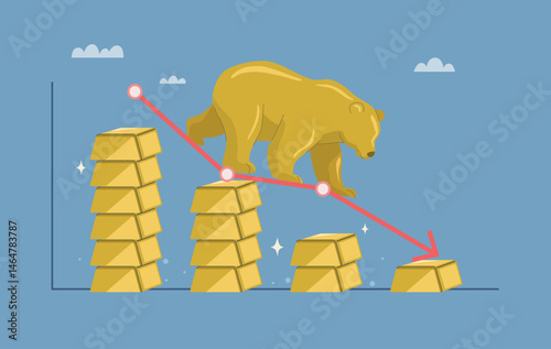 Gold prices fall, Bear market symbol, The Bearish Market of Gold Investment, Continued investment losses, Global economic volatility, Flat vector design illustration.