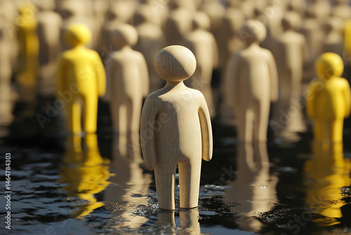 A wooden figure symbolizing personality standing out from the crowd of other wooden figures	
