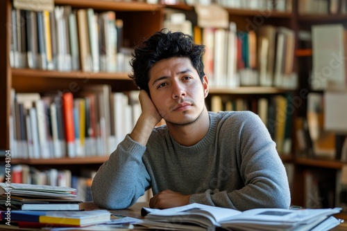 Thinking student preparing for exams inside academic library, man overworked and tired studying alone, hispanic sitting among books doing homework