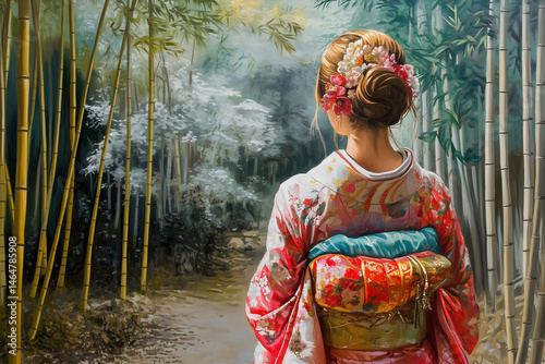 Illustration of a young woman in traditional Japanese costume