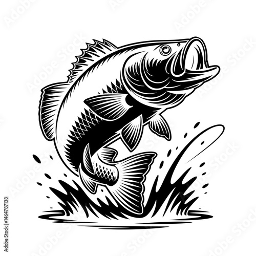 Jumping Bass Fish Vector Illustration with Splash in Vintage Style