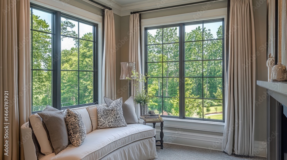 Serene sitting area bathed in natural light with lush green outdoor view Serene sitting area bathed in natural light with lush green outdoor view