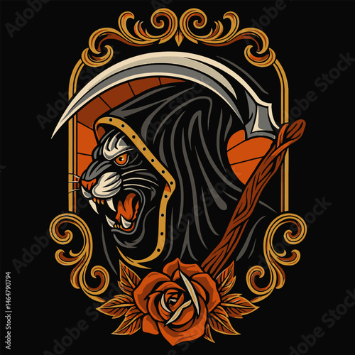 Stylized Panther Growling with Scythe in Hooded Cloak Illustration