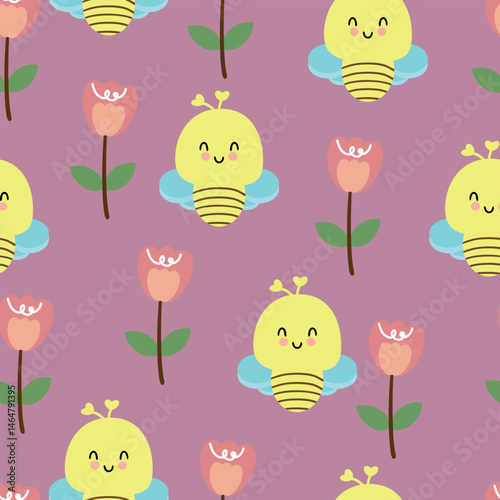 Seamless pattern cartoon cute bees and tulips flower and leaves. botanical wallpaper for textile, gift wrap paper