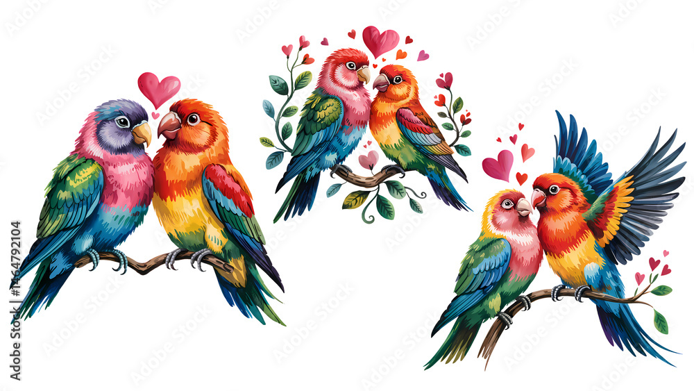 Fototapeta premium A vibrant digital painting a love bird couple on a branch surrounded by hearts