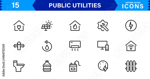 Essential Public Utility Icons. Clean Line Art Symbols, Stylish Vector Icons for Power, Water, and City Systems