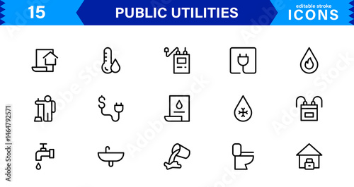 Essential Public Utility Icons. Clean Line Art Symbols, Stylish Vector Icons for Power, Water, and City Systems