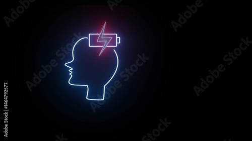 painful head icon.blue Glowing neon line Human head black background.