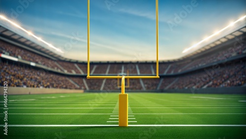 American Football Stadium with Yellow Goal Post and Blurred Fans 