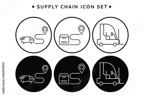 Chain supply icon set transport shipment, logistics, delivery truck route, warehouse, package, forklift, cargo freight, distribution vector illustration.
