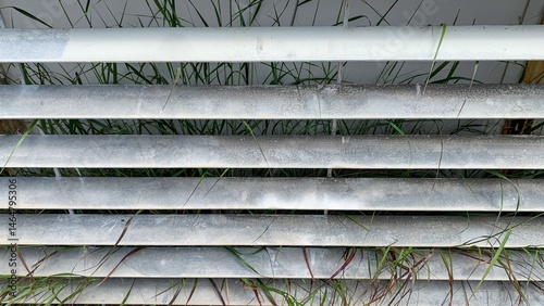 Metallic panels entwined with rebellious greenery, echoing urban renewal's persistent whispers, ideal for Earth Day storytelling or modern Zen retreats