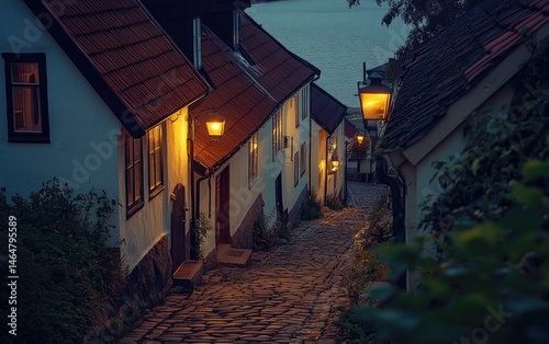 Quaint, lit evening alleyway