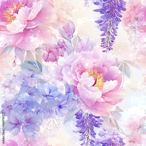 Obraz na płótnie Seamless pattern. Beautiful floral pattern featuring pastel peonies and wisteria blossoms. w salonie