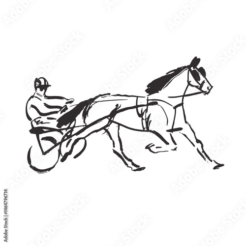 Harness racing  line art illustration, trotter horse in sulky, side view 
