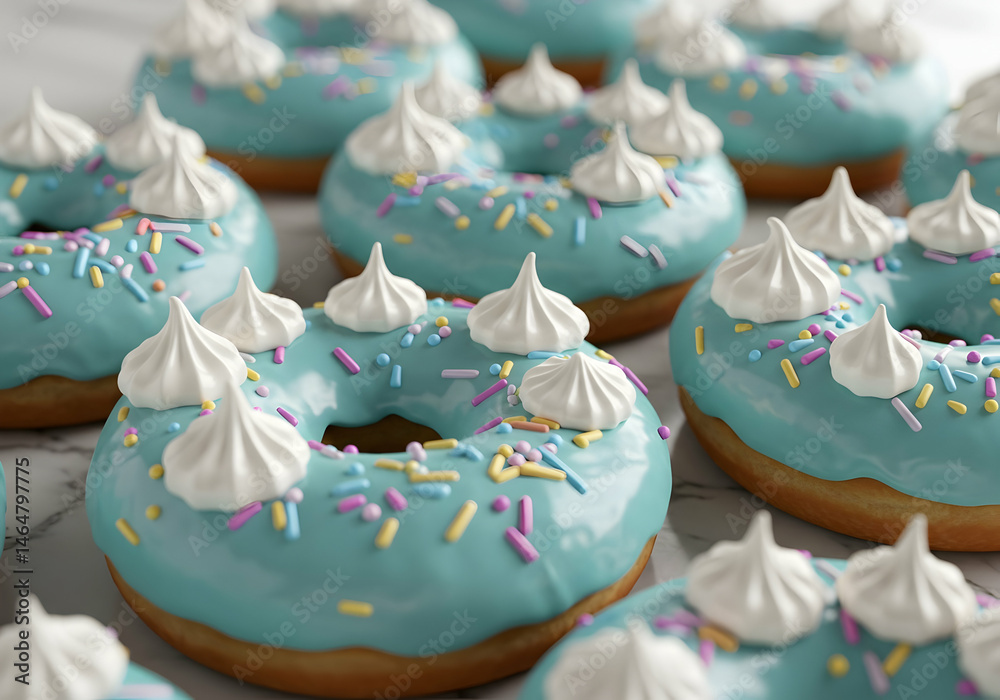 Delicious Teal Donuts with Meringue and Sprinkles Sweet Treats Bakery Pastry Shop Dessert Food Photography Delicious Teal Donuts with Meringue and Sprinkles Sweet Treats Bakery Pastry Shop Dessert Food Photography