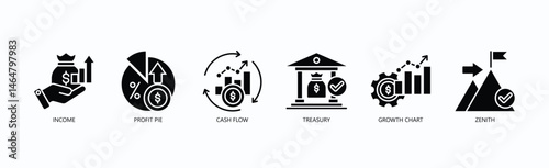 Financial Mastery Icon Set Isolated Vector With Icon Of Income, Profit Pie, Cash Flow, Treasury, Growth Chart, Zenith In Glyph Style