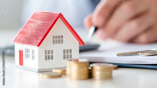 Close-up of Miniature House Model and Coins Representing Property Investment Planning photo