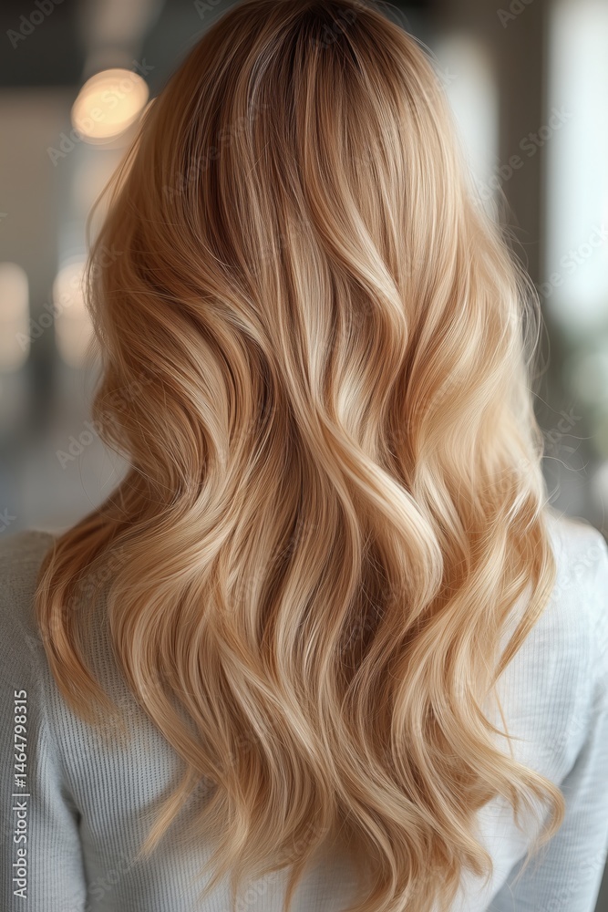 Blonde woman displaying her stunning wavy hairstyle, embodying the essence of hair care and beauty. Long, flowing locks radiate health and elegance, showcasing perfect waves and shine Blonde woman displaying her stunning wavy hairstyle, embodying the essence of hair care and beauty. Long, flowing locks radiate health and elegance, showcasing perfect waves and shine
