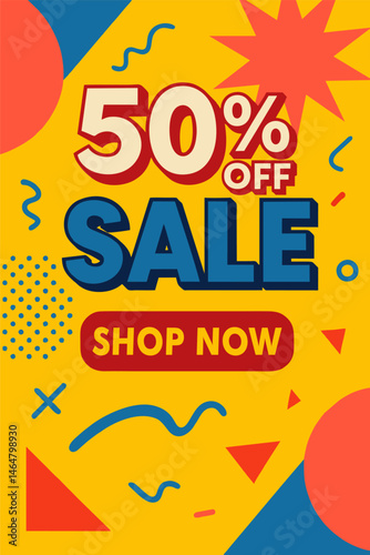 Vibrant 50% off sale poster with bold text and colorful abstract background. Eye-catching design perfect for promotions, advertising, and seasonal sales campaigns.