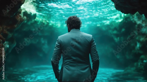 A lone businessman standing confidently in a serene underwater cave, surrounded by ethereal water hues, illustrating the contrast between professional ambition and nature's beauty.