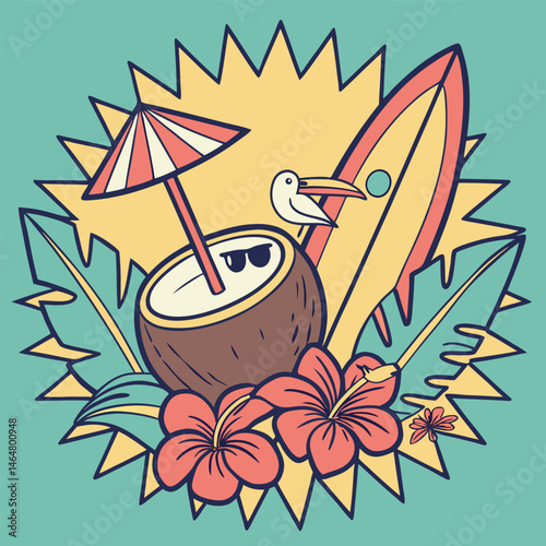 Colorful Summer Illustration Featuring Coconut, Hibiscus, Surfboard, and Tropical Elements