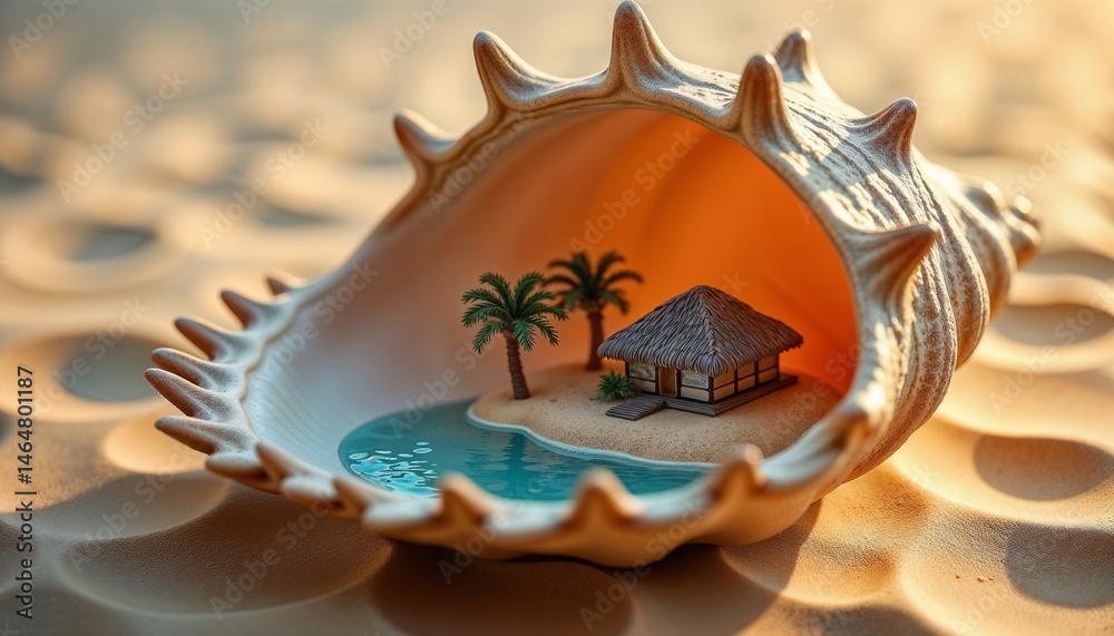 Miniature beach house inside a seashell on sandy background