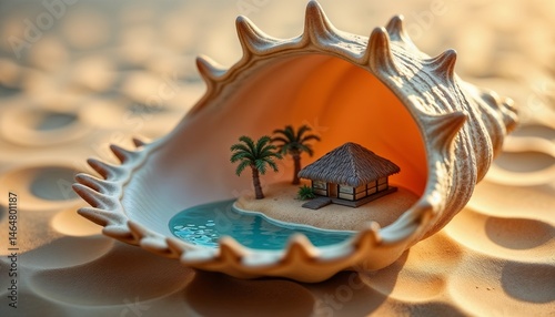 Miniature beach house inside a seashell on sandy background  