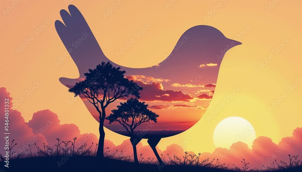 Bird silhouette with sunset and trees in serene colors