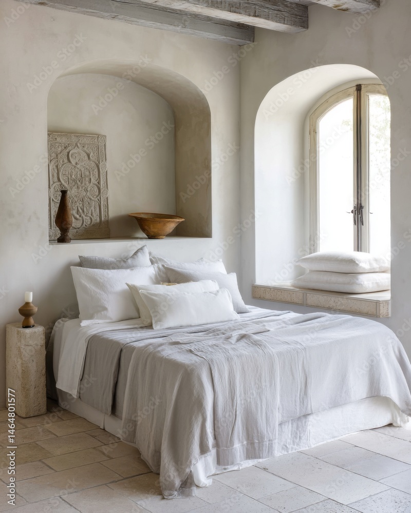Fototapeta premium rustic italian eclectic bedroom full view, whitewashed tobacco wall, iron motif panel above bed, wall niche with ceramic bowl, soft linen bedding