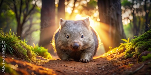 A curious wombat emerges from the forest at sunset, bathed in warm golden light, its fur illuminated by the sun's rays.