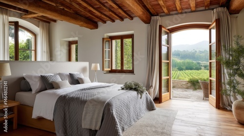 Tuscan farmhouse bedroom with wooden beam ceiling, soft bedspread, open window to misty vineyard hills