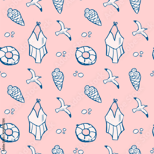 Seamless summer pattern with swimsuits, ice cream, seagulls, lifebuoys on pink background. dolce vita summer doodle vector illustration. Italian style.