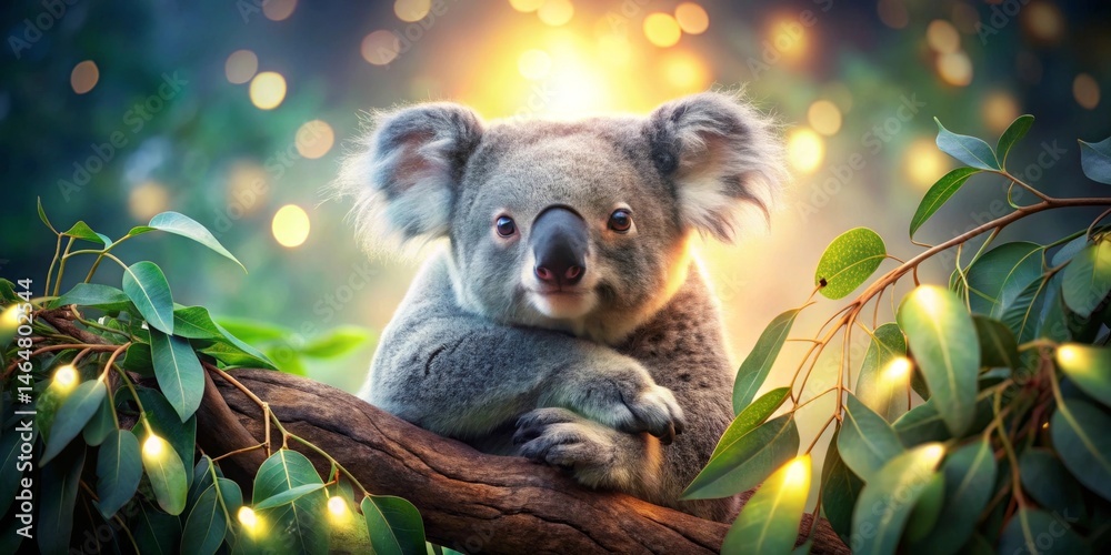 Fototapeta premium A Serene Koala Rests on a Branch Adorned with Glowing Lights in a Lush, Dreamlike Forest Setting