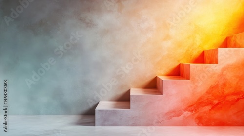 This artistic representation of modern stairs features a gradual color shift, blending tones from gray to warm hues, symbolizing the journey and progression through life.