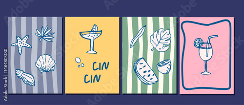 Playful beach and cocktail illustrations with nautical themes and refreshing drinks. dolce vita summer doodle vector illustration. Italian style.