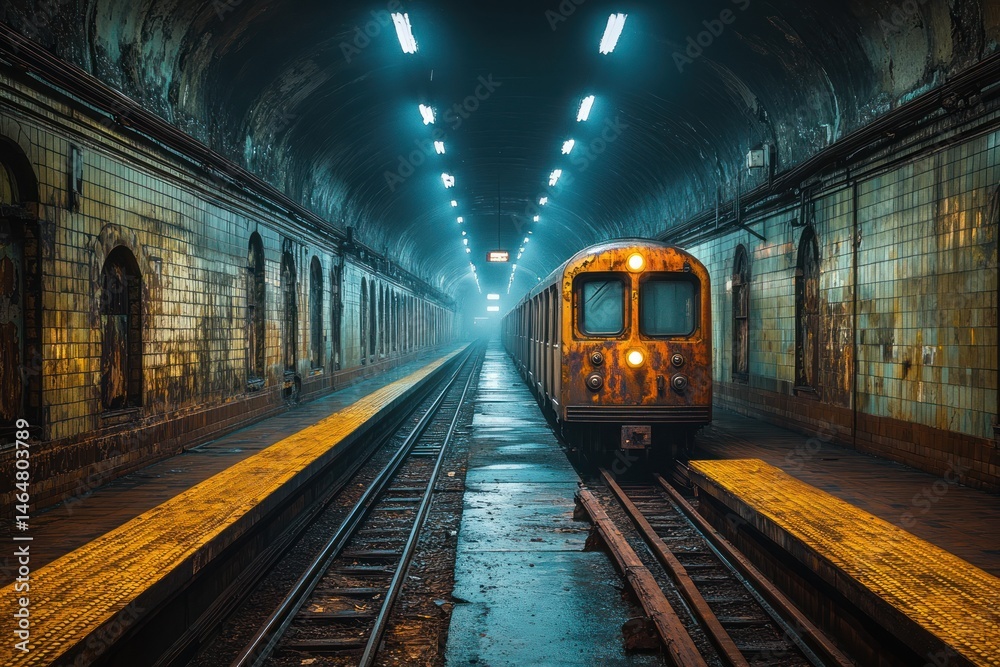 Fototapeta premium Forgotten underground train station with rusty tracks
