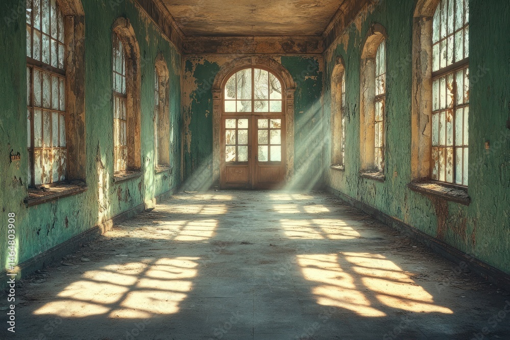 Fototapeta premium Haunted corridor with broken windows in an old abandoned house
