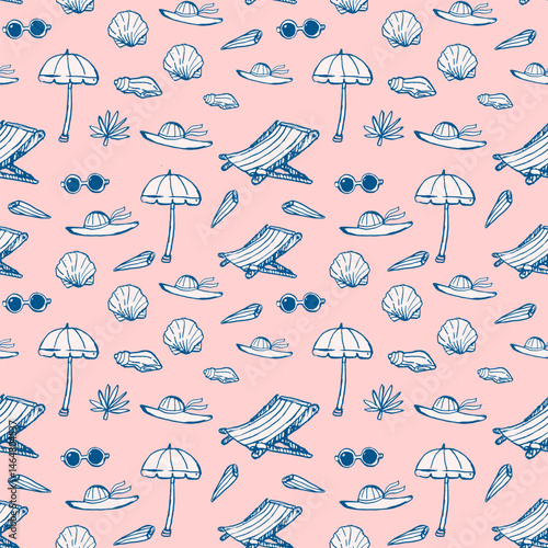 Seamless beach pattern with umbrellas, sunglasses, and shells on pink background. dolce vita summer doodle vector illustration. Italian style.