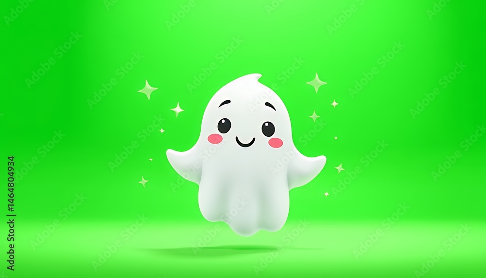 Obraz premium Adorable Cartoon Ghost with Rosy Cheeks and Star Accents Floating isolated on green screen background Ideal for Vfx and Animation Elements and Game Development