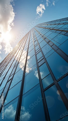 Large glass covered office skyscraper reflecting clouds and the sun in the windows on a clear day vertical video