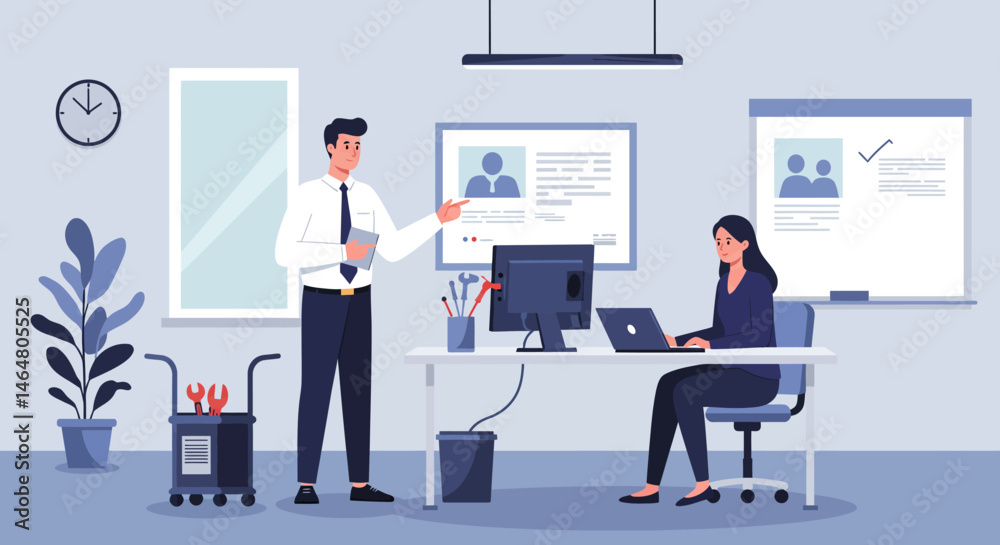 Cartoon Businessman with Tools Cart, Plant, Clock and Window Illustration Cartoon Businessman with Tools Cart, Plant, Clock and Window Illustration