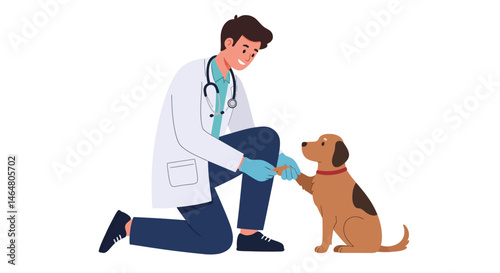 Kneeling Doctor in White Coat with Stethoscope and Dark Blue Pants