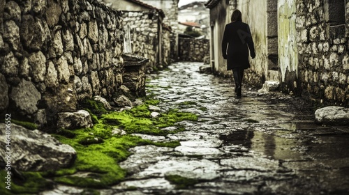 A narrow, stone-paved alleyway, moss-covered walls, and solitary figure.